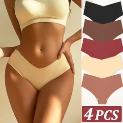 4PCS Women's Seamless Underwear Sexy V-Shaped Mid Waist Maillard Ice Silk Briefs 10 Soild Color Cozy Stretch Sexy Underpant S-XL