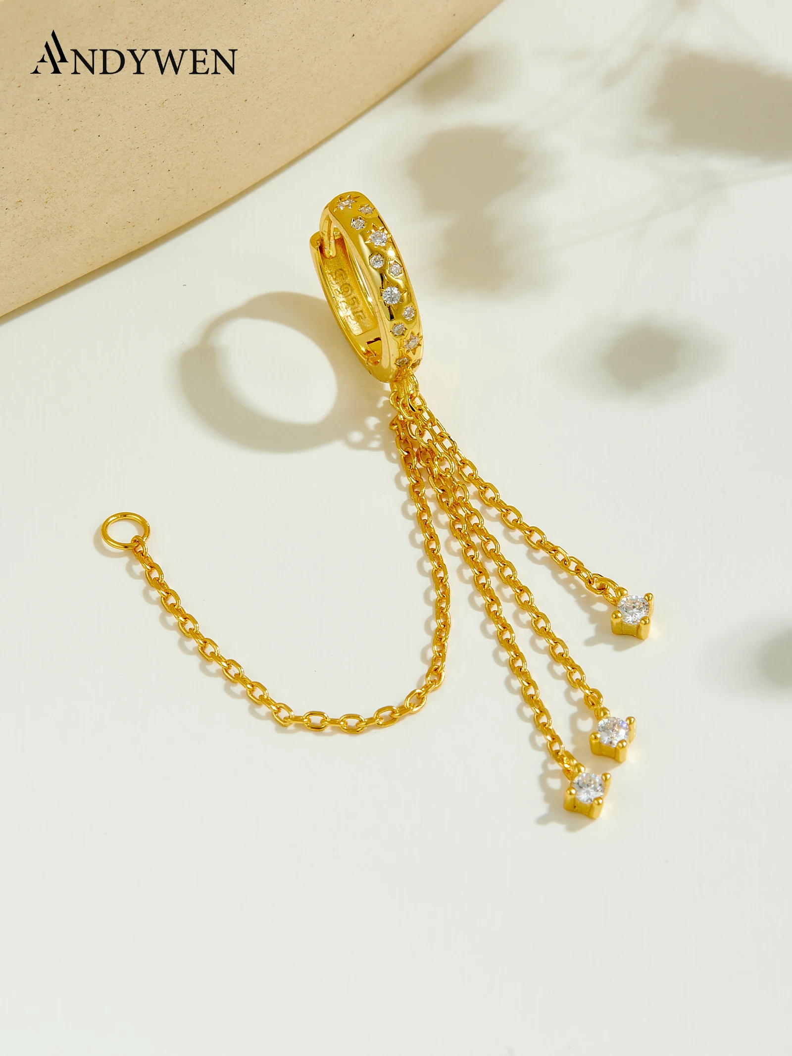 

Серьга-кафф ANDYWEN из серебра 925 пробы с позолотой, двойной слой, с кисточками, подвеской-цепочкой с фианитами, без прокола, в подарочной коробке, элегантный дизайн