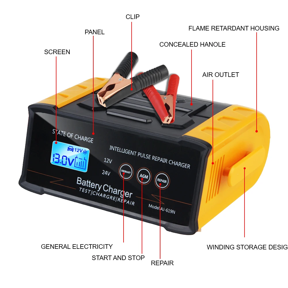 Batería de reparación de pulso para motocicleta, cargador inteligente de alta potencia para coche, pantalla LED multifuncional, 12V, 24V, 300W