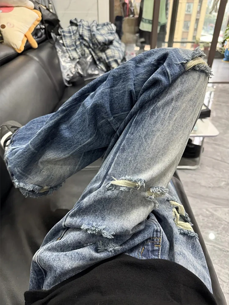 

American Retro Lightning Pattern Hole Punching Poor Boy Jeans Men Trendy Cleanfit Small Design Wide Leg Pants Casual Jeans