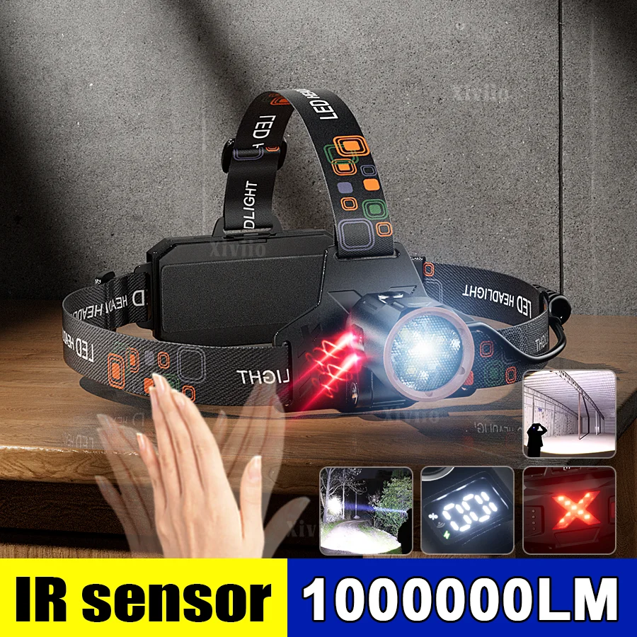 

Induction Rechargeable Powerful LED Headlamp with Warnning Taillight Headlight Outdoor Waterproof 1000000 Lumens Work Head Light
