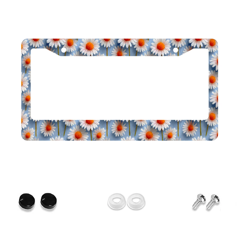 

1pc Blue and White Daisy Pattern 2-Hole License Plate Frame, Aluminum Material, 6x12 Inches, with Screw Set, Retro, Fun, Car De