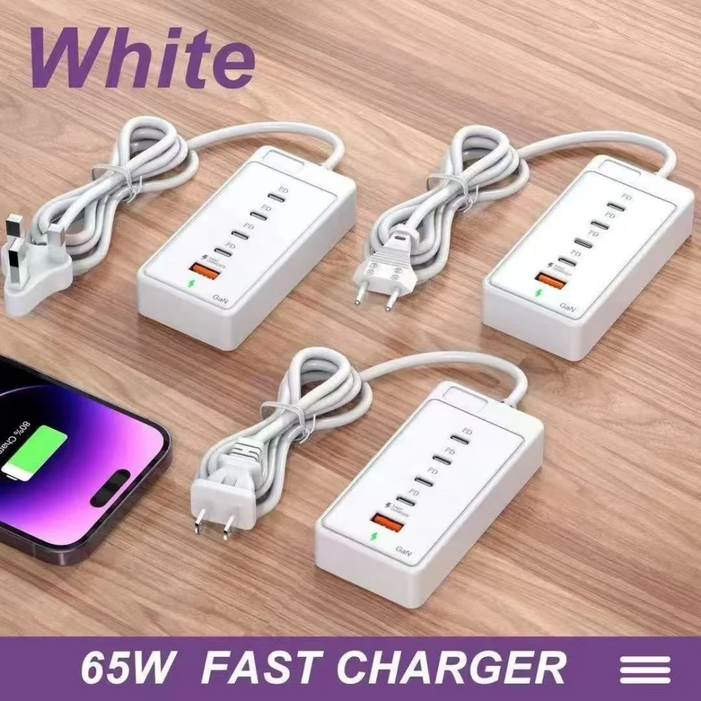 

65W Muitil Ports Socket Outlet USB Charger Fast Charging Wall Chargers Type C Hub Adapter Extension Cable For iPhone 16 Xiaomi