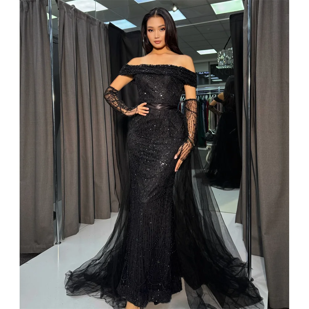 Lorrtta Tulle Off The Shoulder black Mermaid Evening Dress Formal Glamorous Elegant Sequined 2026 Customized Robes de Soirée