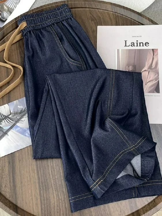 

plus Size Women's Denim Wide Leg Pants High Waist Loose Fit Straight Cut Elastic Waist Summer Fashion Casual Breathable Polye...