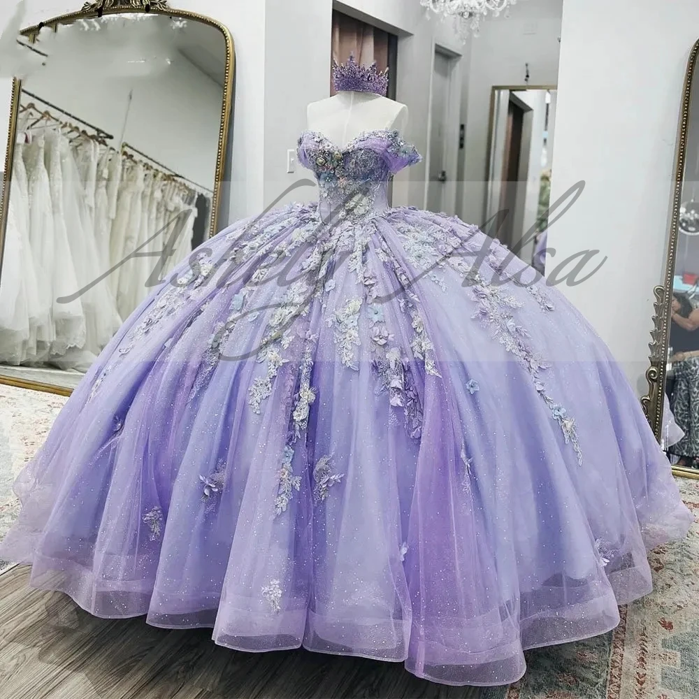 Personalizado lilás princesa menina quinceanera vestidos fora do ombro 3d ilusão floral rendas até bola inchado skit feminino festa de formatura 15