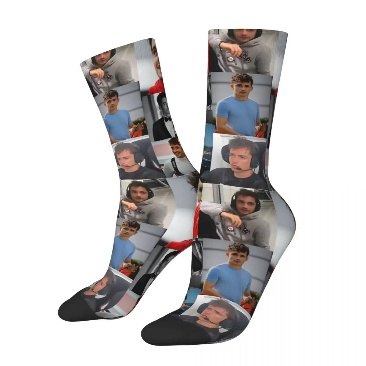 Chaussettes drôles en elin pour hommes, Charles Leclerc, collage d'images, hip hop, vintage, course F1, motif de qualité heureuse, chaussettes d'équipage imprimées pour garçons