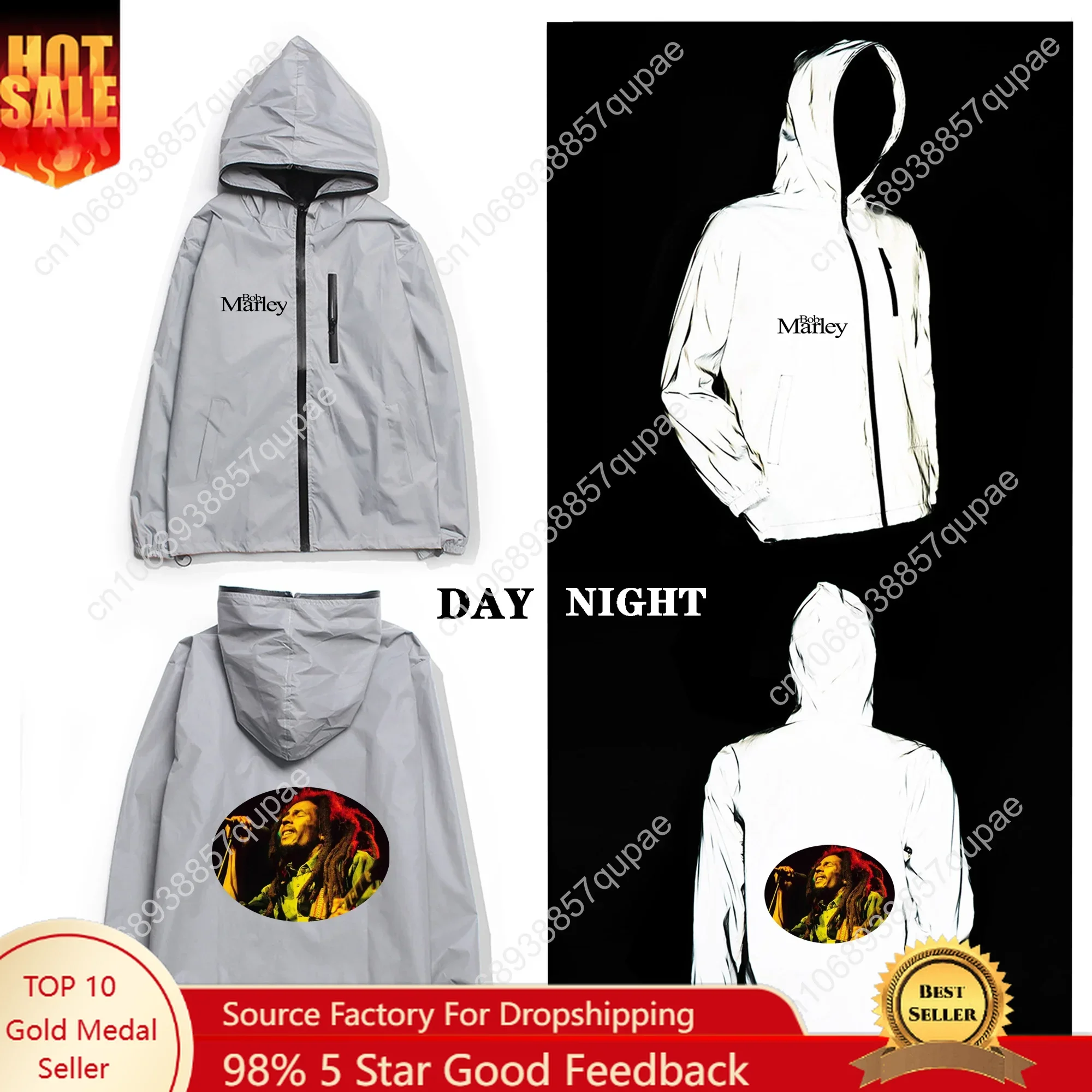 

Bob Marley Reflective Jacket Jamaica Singer Reggae Rock Mens Womens Coat Hooded Windbreaker Runing Jackets Customized Hoodie