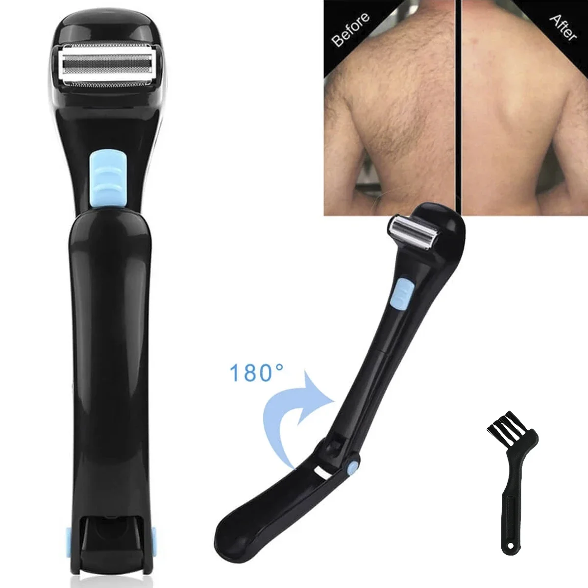 Electric Back Hair Shaver, Aparador de Pêlos Corporais, Navalha Dobrável, Barbear Remoção Livre de Dor, Destacável para Viagem, 14,7 ", 180 Graus