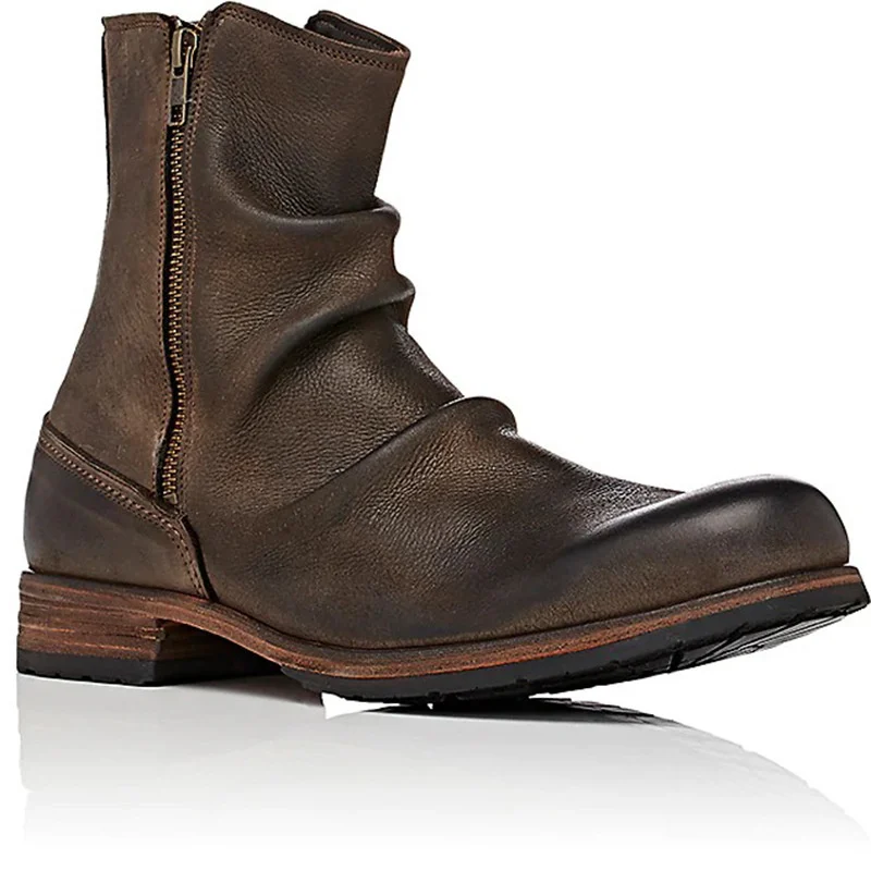 Botas de hombre con cremallera lateral, moda, punta redonda, retro, tacn grueso, botas casuales antideslizantes, zapatos de seguridad para el trabajo impermeables occidentales