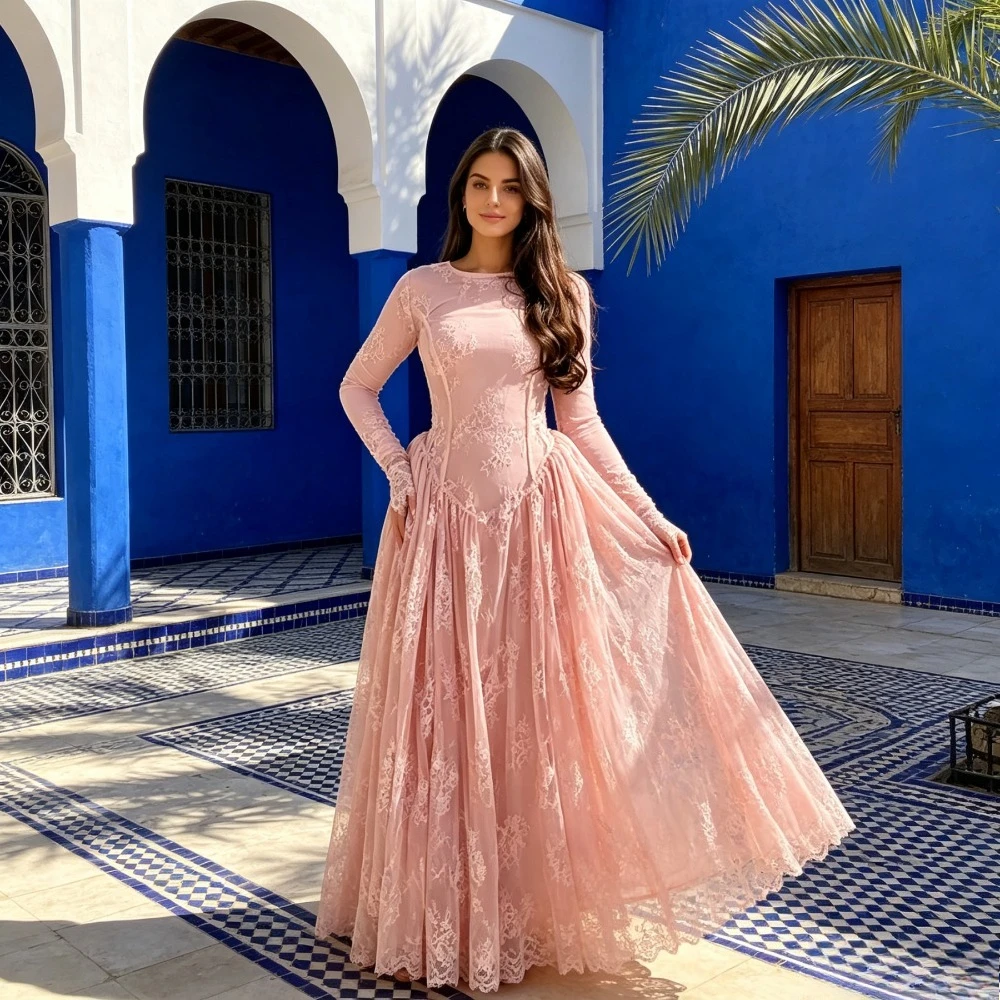 Customized Powder Blusher Lace Long Sleeves Evening Gown Round Neck Phantom Body Elegant Skirt Prom Dress Suitable for Beach