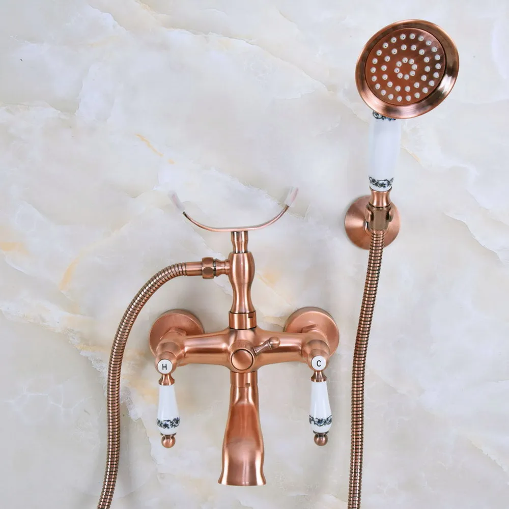 

Antique Red Copper Double Handle Wall Mounted Bathroom Bath Tub Faucet Set with 1500MM Hand Held Shower Spray Mixer Tap 2na376