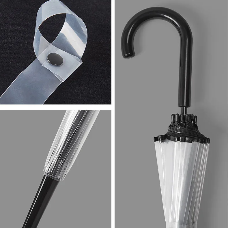 مظلة شفافة محسنة بـ24 ضلعًا مع مقبض طويل وخطاف منحني، مظلة بيضاء معززة بـ6 ضلعًا ذات قيمة جمالية عالية للطلاب