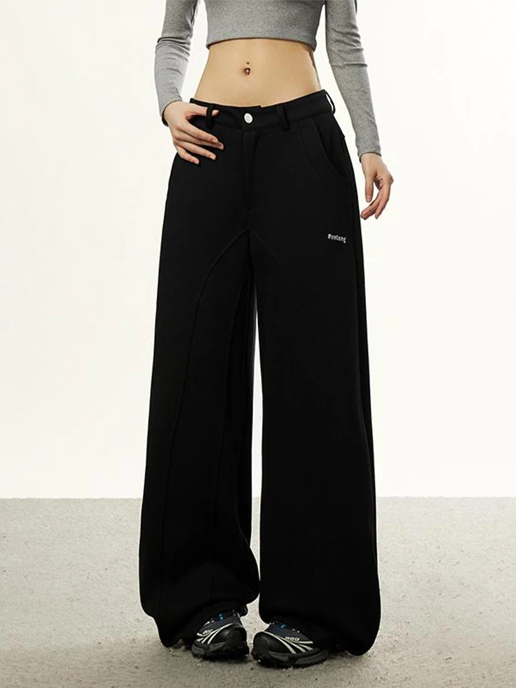 2025 Autumn Winter Women American Retro High Street Wide Sweat Pants Y2k Baggy Long Trousers Harajuku 2000s Solid Color College