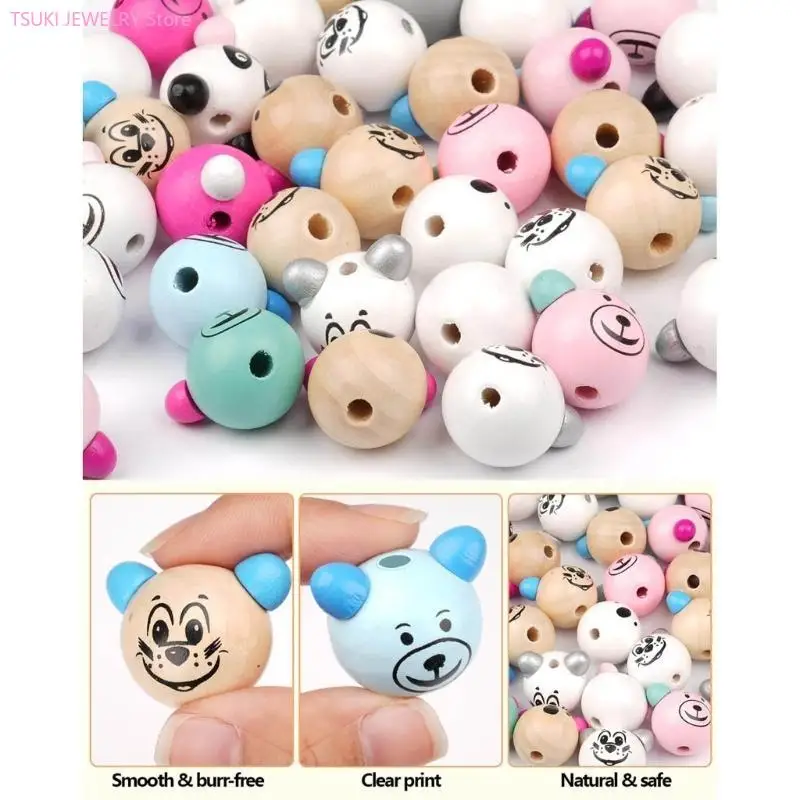 62ke Set von 10 runden Holzperlen mit Cartoon Tiergesichter gemischte Farbe Schöne Tier süße Holzperlen Schmuck für – Detail 10
