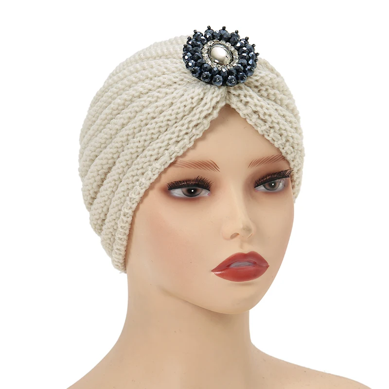 Women Knitted Turban Hat Diamonds Bohemia Muslim Hijab scarf India Hat Wool Bonnet Turbante Cap Turbante Mujer Solid Winter Cap