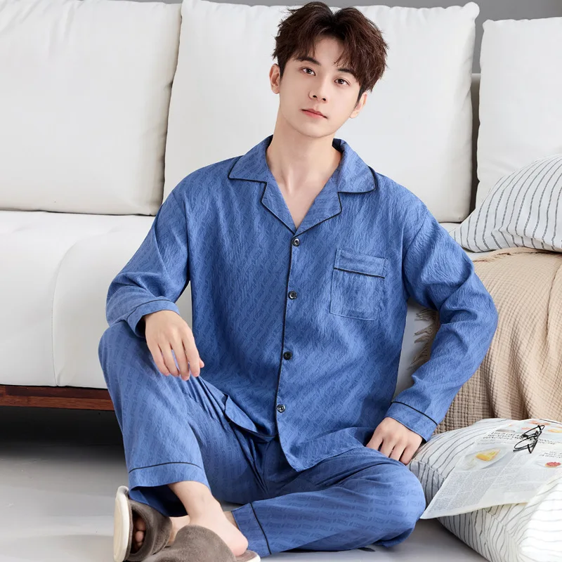 Men's Pajamas Spring and Autumn Long Sleeved Pants Cardigan with Loose Collar for Casual Sleepwear Home Wear Nightwear 2PCS/Set