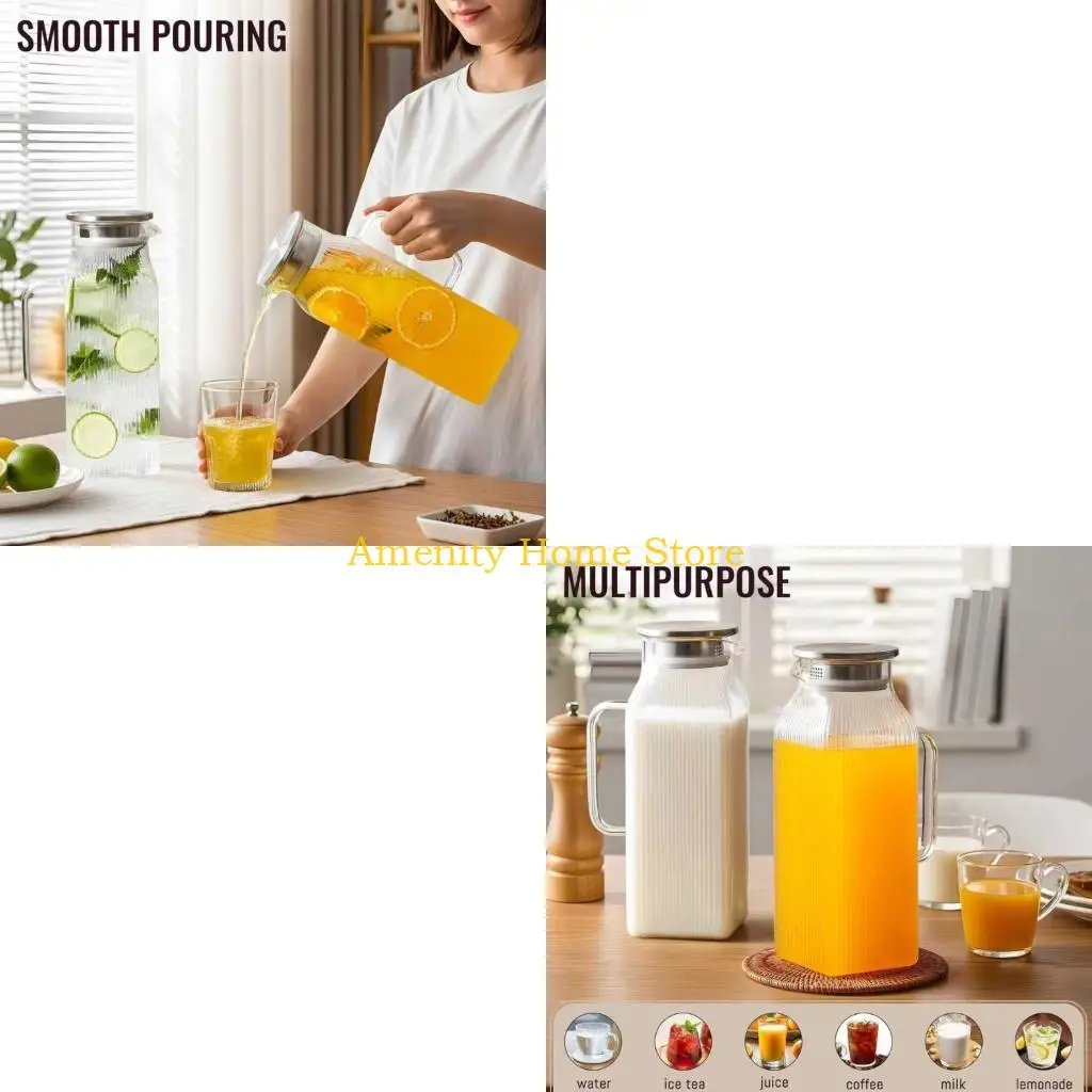 F26C Modern Square Glass Pitcher With Lid For Lemon Water And Cocktails 2Pcs