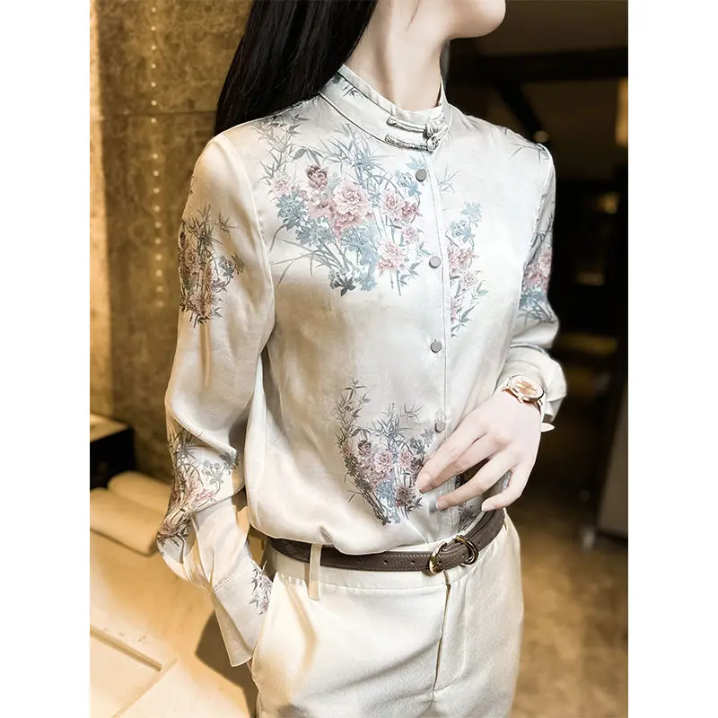 Spring Autumn New Vintage Shirt Women High Street Round Neck Long Sleeve Fashion Button Cardigan Chinese Style Elegant Chic Top