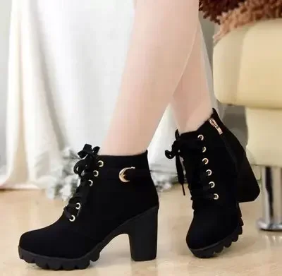 High Heeled Women Boots Cross Straps Short Boots Comfortable Waterproof Boots Warm Plus Size 42 Botas Femininas 2024