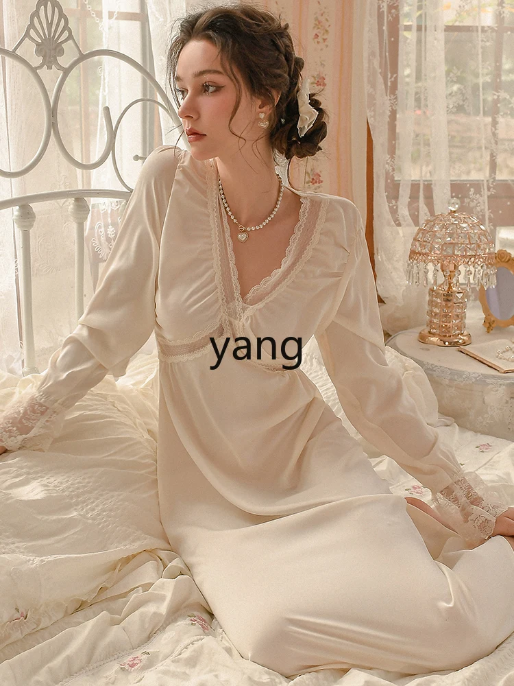 Yjq Che French pajamas women's summer ice lace court long-sleeved chest pad nightdress