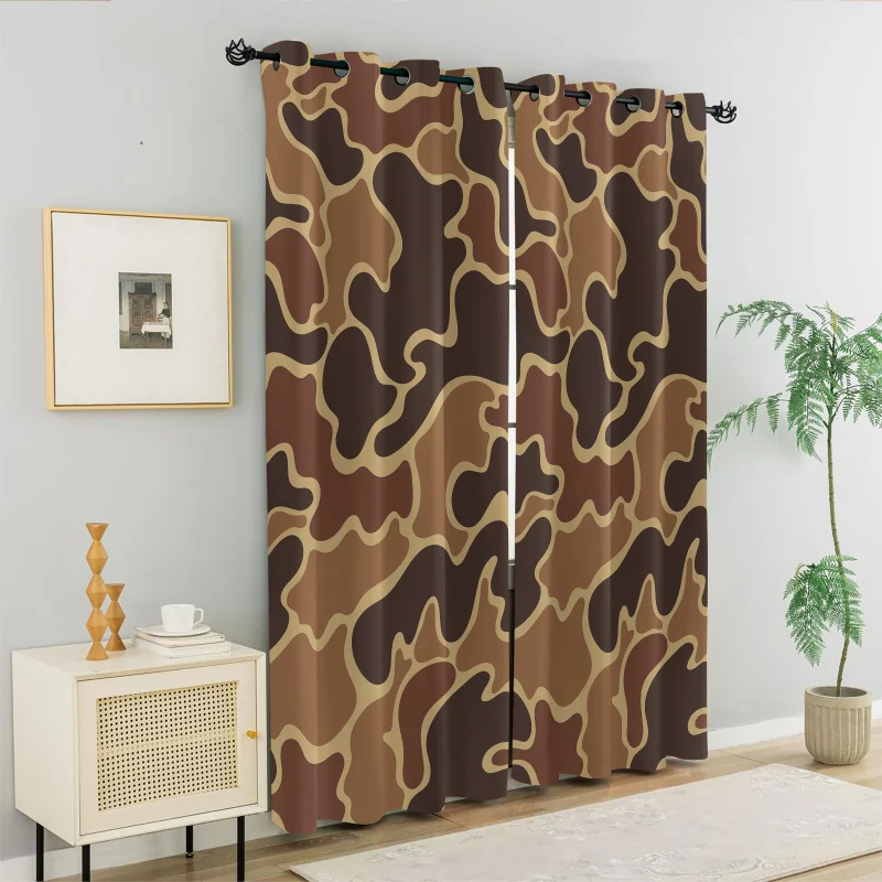 

2Pcs Brown Camouflage Print Perforated Blackout Curtains, Multi Size Living Room Girls Room Bedroom Insulation Decoration