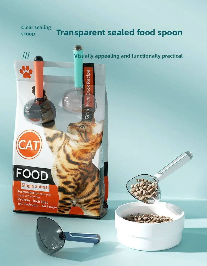 Pet food spoon with clip scale translucent seal cat and dog universal cat food shovel dog food spoon pet supplies