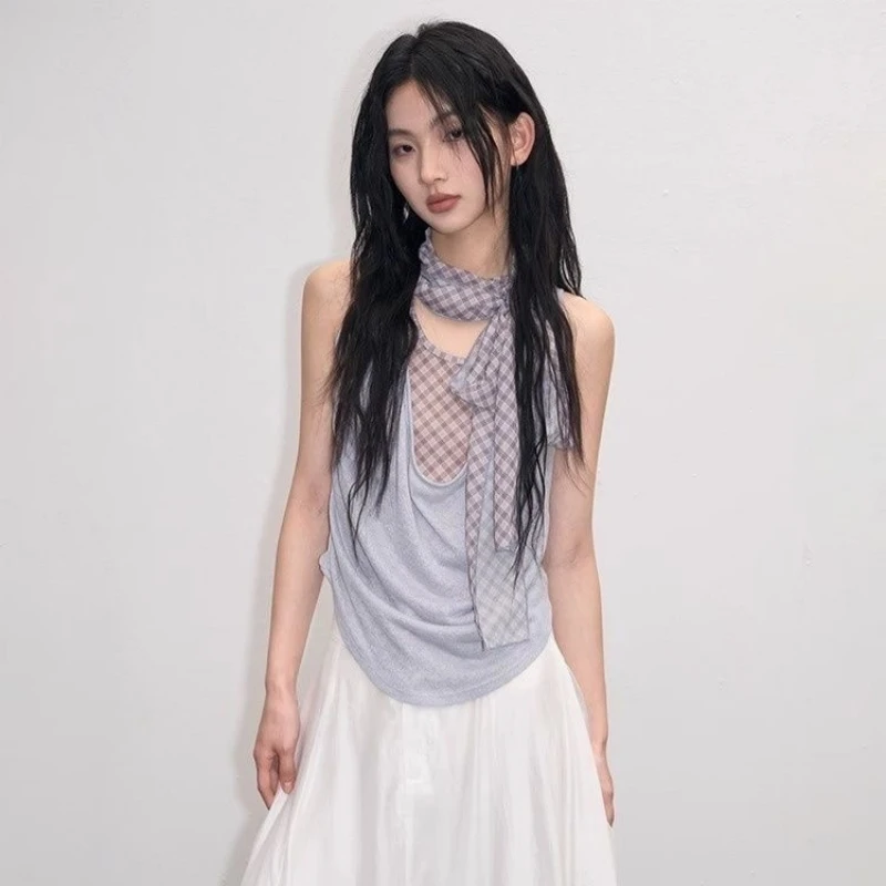 2025 Y2K Checkered Patchwork Fake Two-piece Camisole Vest Female Summer New Fashion Korean Style Loose Short Sleeveless Top