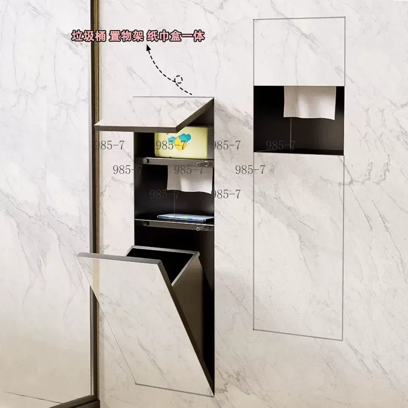 Embedded Wall Cabinet, Hidden Stainless Steel Niche with Trash Can and Tissue Box for Toilet Side