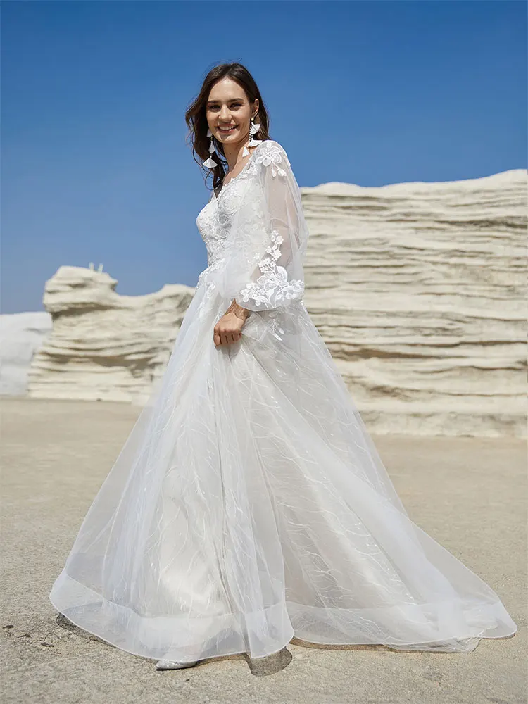 Luxury Wedding Dresses 2024 Long Sleeves Tulle Lace Appliques Backless Bridal Gown For Bride Party Gown