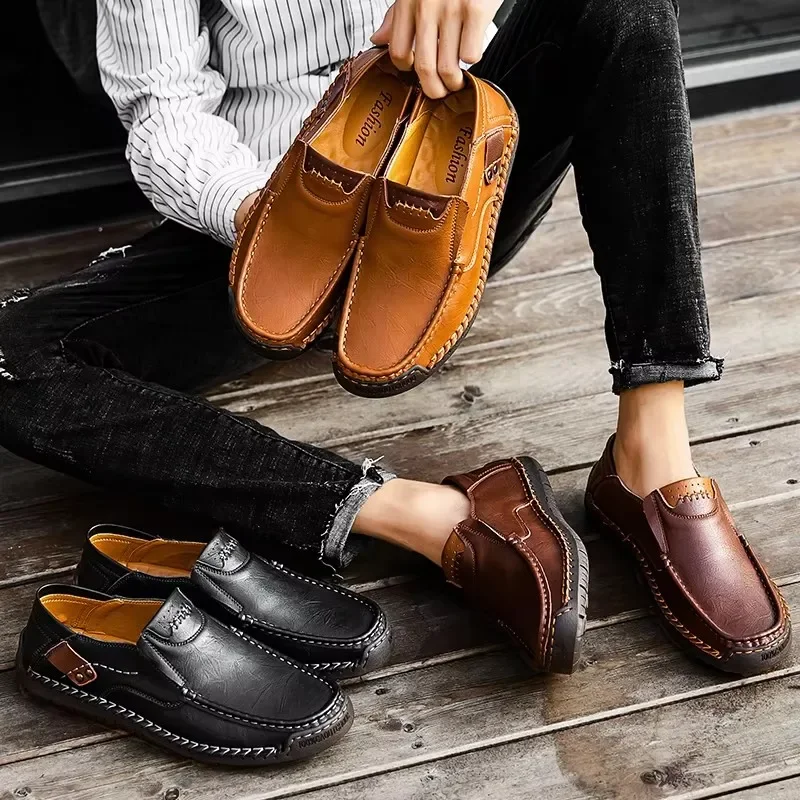 

New Fashion Men Casual Shoes Handmade Leather Loafers Comfortable Men's Shoes Quality Split Leather Flat Driving Shoes Size 48