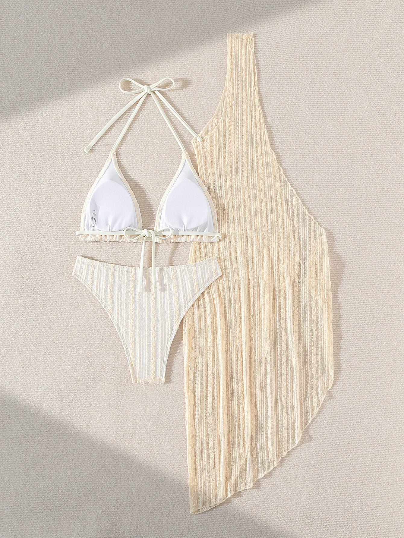 女性のソリッドカラー 3 ピース水着女性ニット中空アウトカバーアップ 2024 新しいセクシーなホルターレースアップ背中の開いたビキニ水着