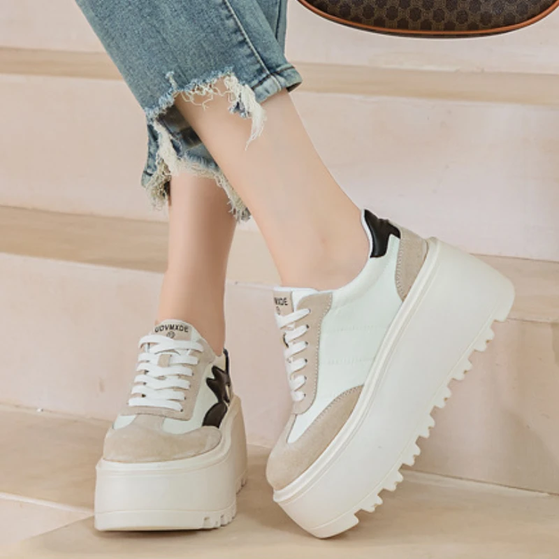 Fujin 8cm Synthetic Women Chunky Sneakers Fashion Autumn Spring Shoes Cloth Pigskin Casual Platform Wedge Pumps Genuine Leather