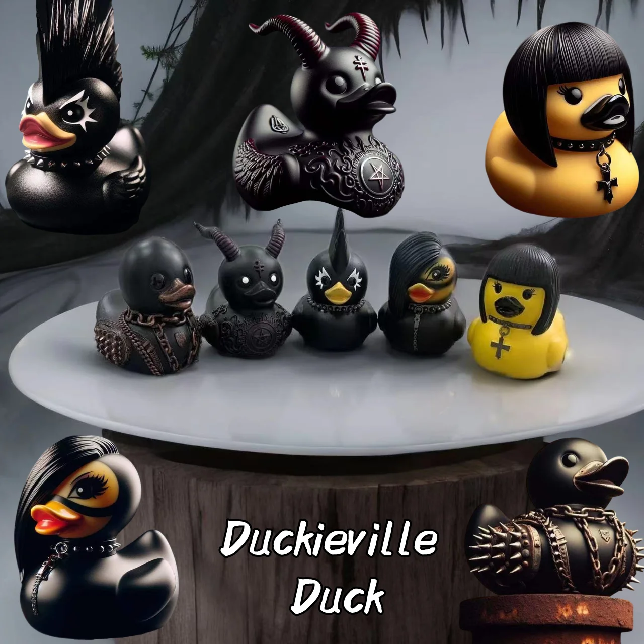 Duckieville Duck Statue Indoor Sculpture Gothic girl Punk Animal  Resin Statues Desk Decor Collectible Satan Duck Tabletop ﻿