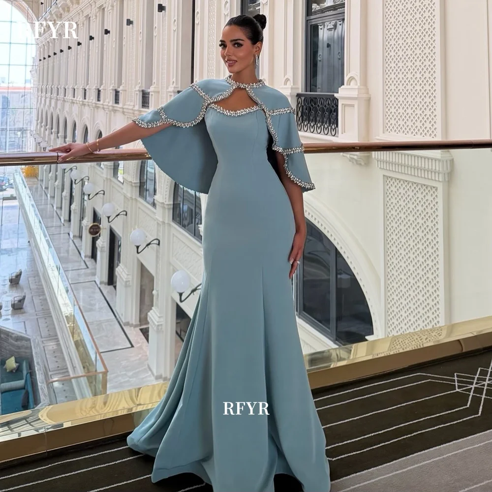 RFYR Blue Prom Dress with Crystal Stones Mermaid Evening Dress with Cape Sleeve Elegant Celebrity Dress for Women Customized