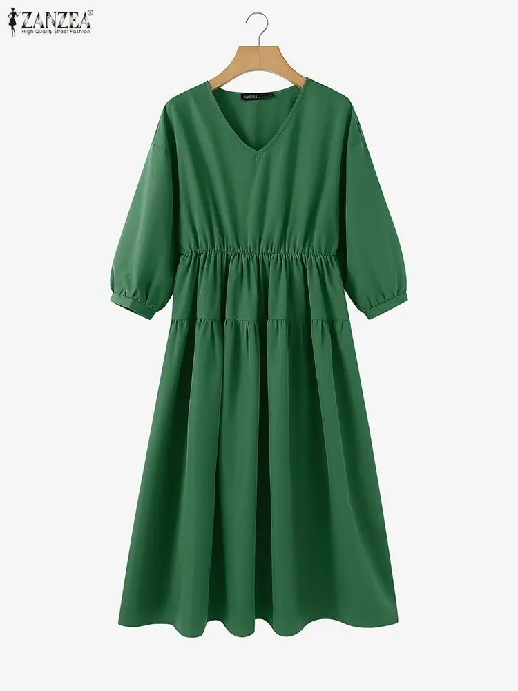 Abiti longuette casual eleganti da donna Moda scollo a V Manica a lanterna 3/4 Vita raccolta Abito a trapezio tinta unita ZANZEA Abiti donna