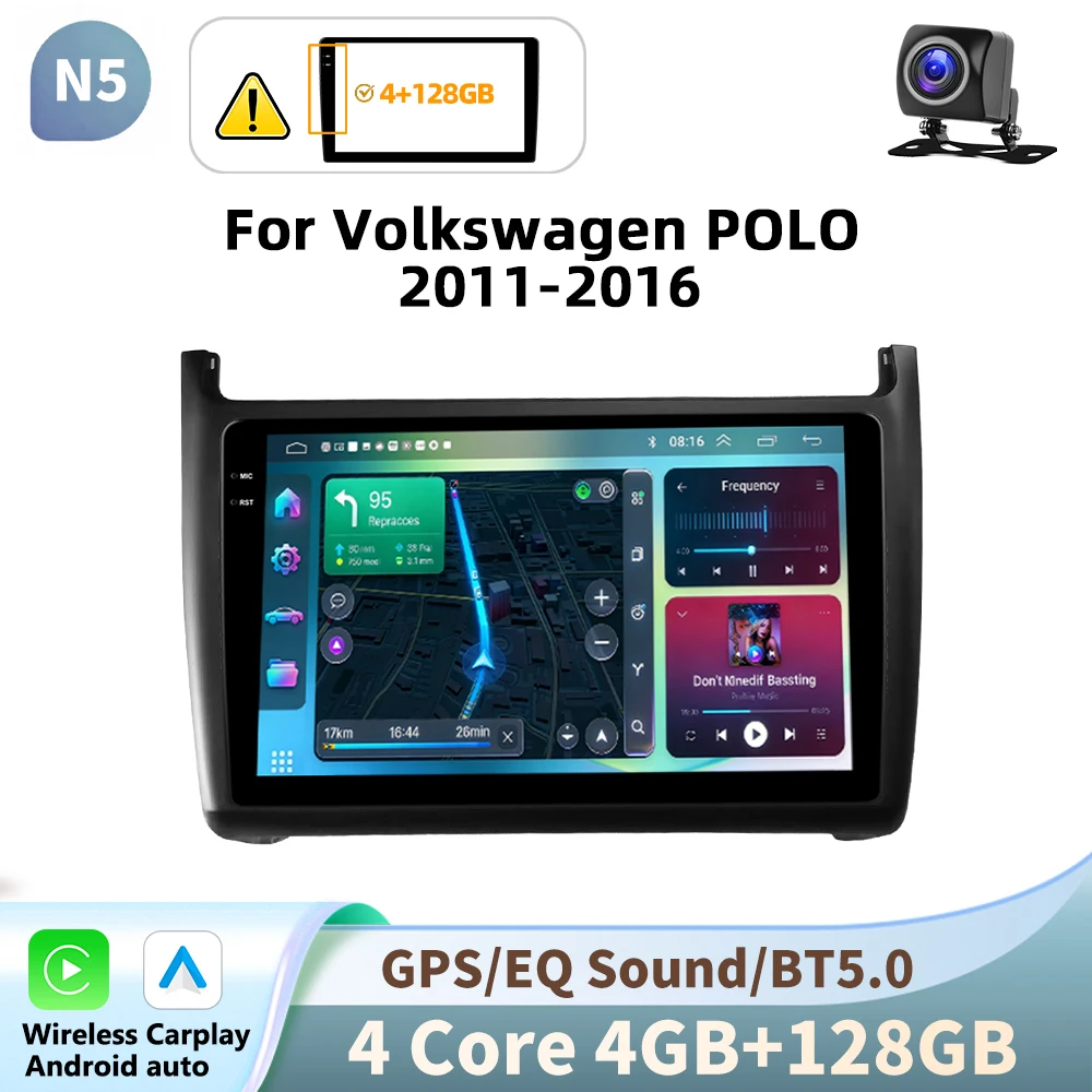 Podofo 9 inch autoradio voor Volkswagen Polo 2011-2016 met multimedia, videospeler, draadloze CarPlay, Android Auto, GPS-navigatie, 2DIN