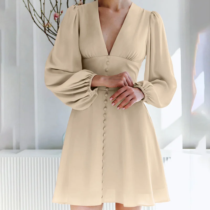 

French chiffonVCollared Waist-Cinching Atmosphere Commuter Dress Autumn Fashion New Short Dress