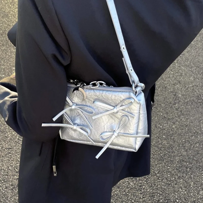 Sweet Female Silver Bow Chain Shoulder Bag Small Square Bag Strap Underarm Bag Women Designer Bags