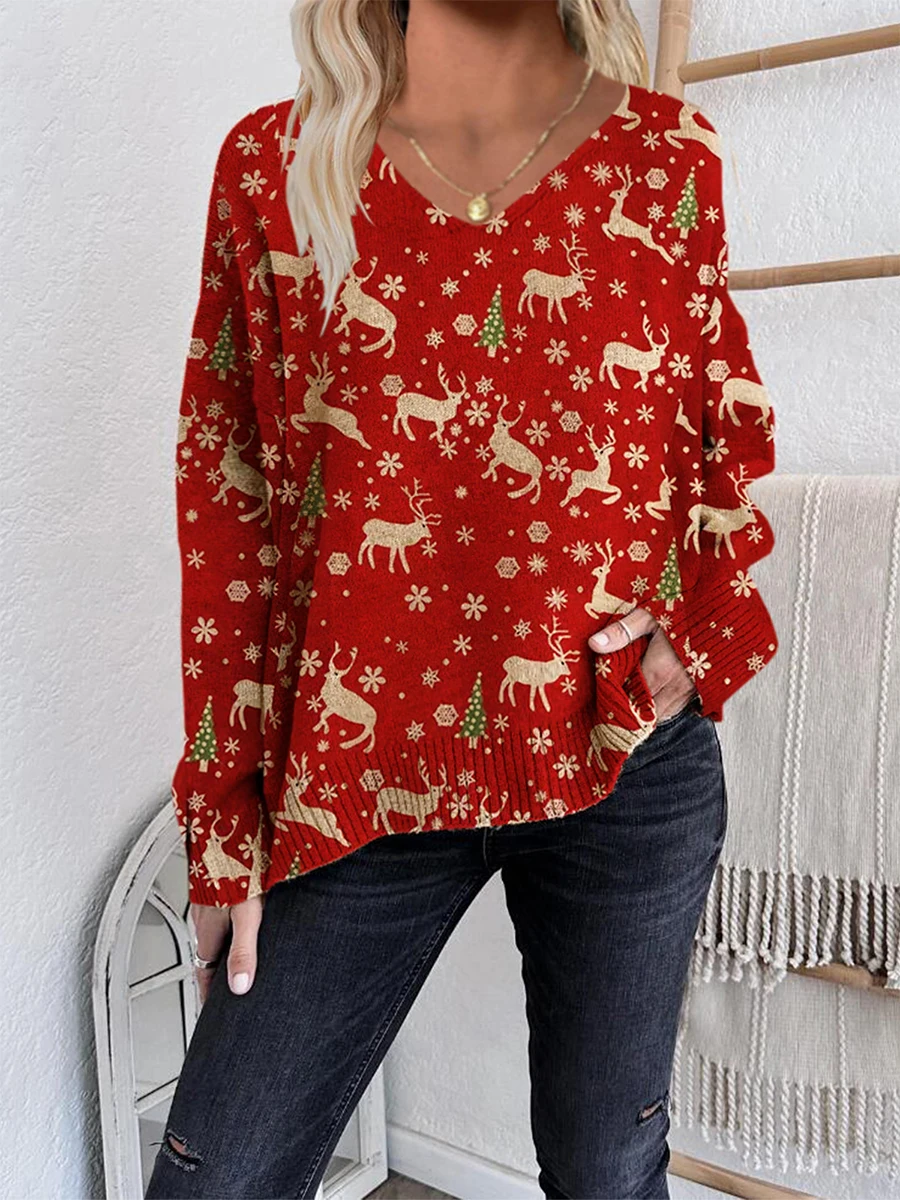 

Women's Christmas Sweater Snowman Print V Neck Long Sleeve Pullover Tops for Fall Winter