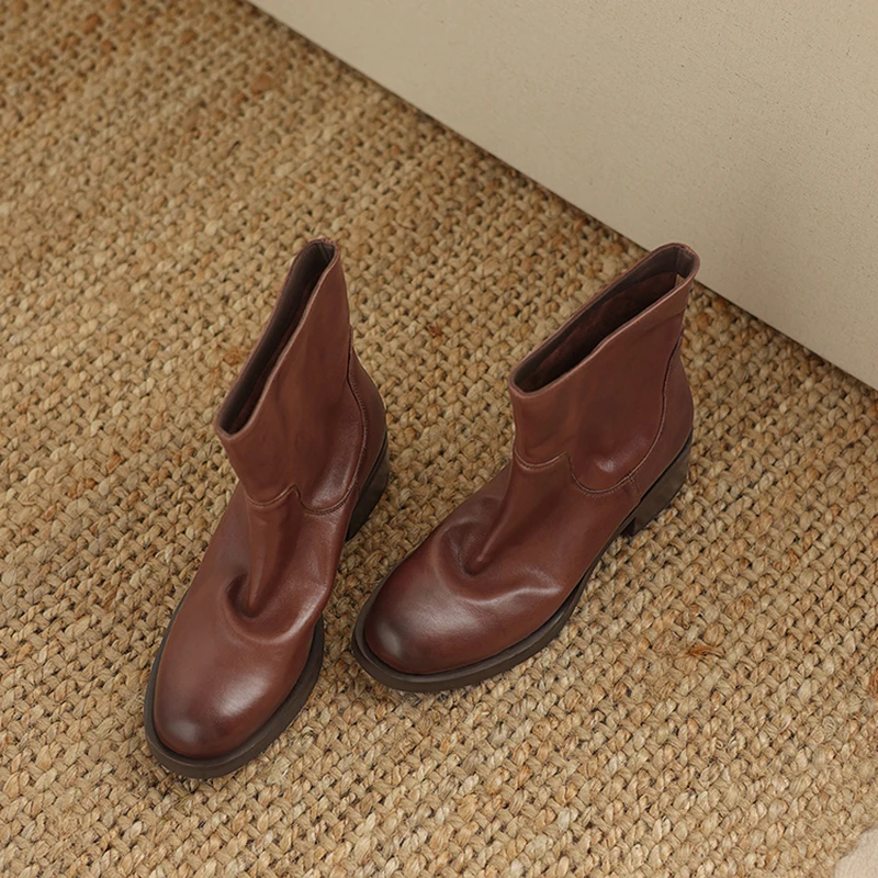 ESVEVA 2027 News Genuine Leather Women Ankle Boots Winter Woman Shoes Round Toe Mid Heel Autumn Motorcycle Short Boots 34-40