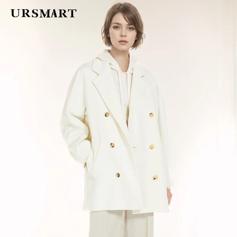 Customizable Short White Wool Coat for Women - Double Breasted Loose Fit Simple Cashmere Blend