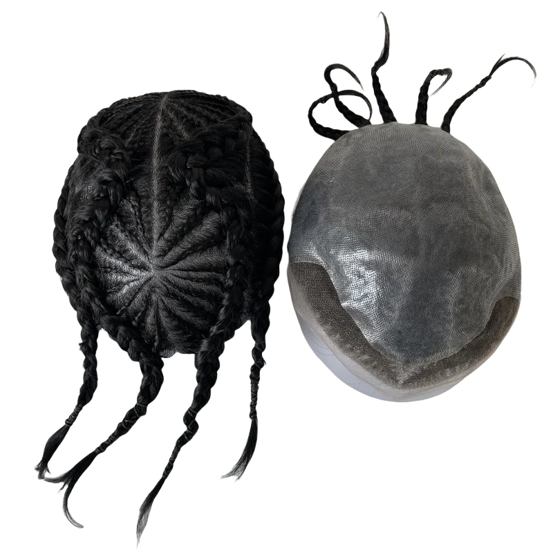 أنظمة الشعر البشري الهندي العذراء 1 #   Jet Black Color 10A Grade Cornrow Braids BIO Toupee 8x10 وحدة الدانتيل الأمامي للرجال السود