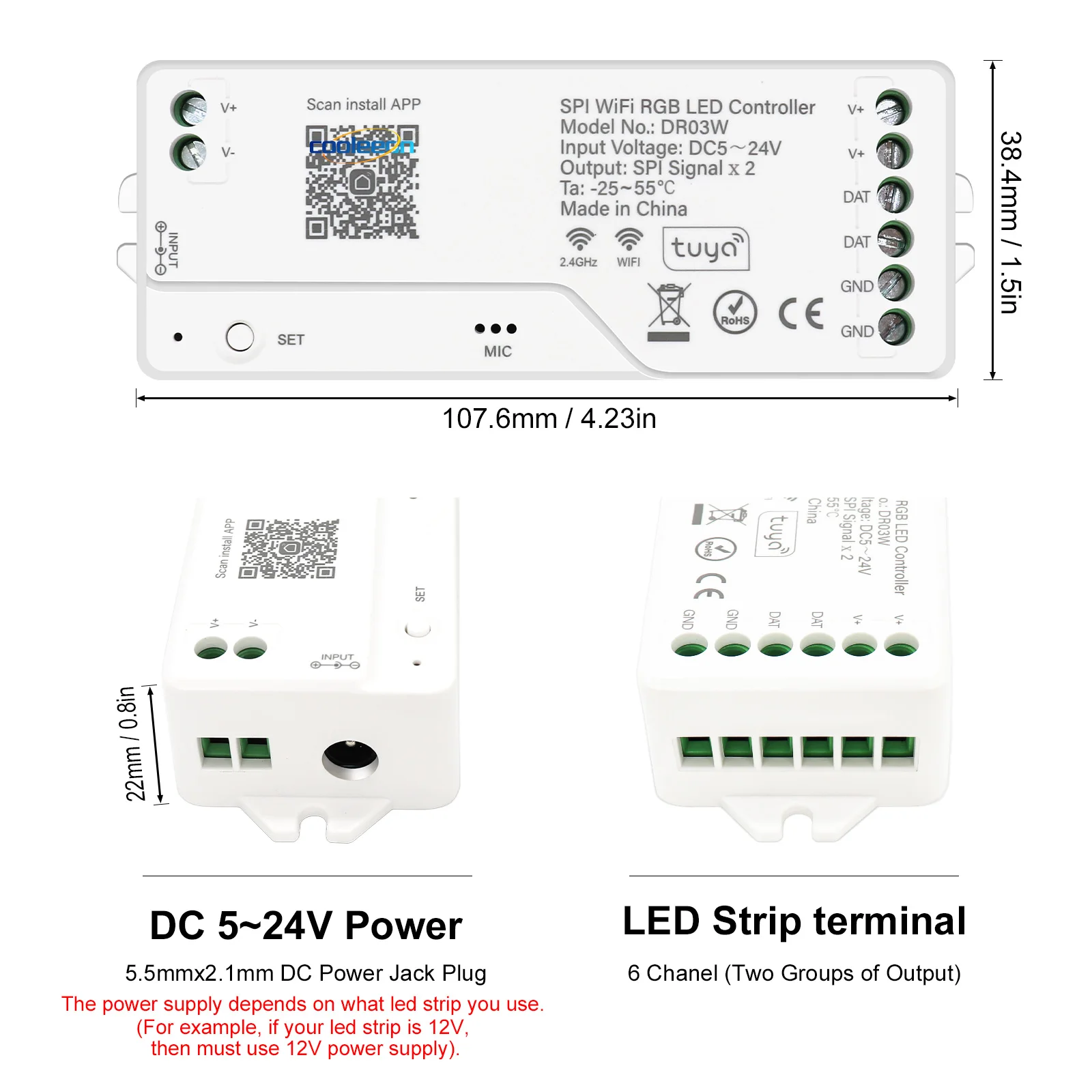 Tuya WiFi SPI RGB LED Controller WS2811 WS2812B Addressable RGBIC LED Strip Dimmer RF Remote Control LED Controller 5V 12V 24V