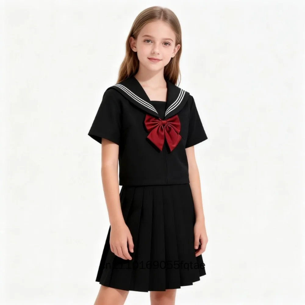 Japanese Style Sailor Uniform JK Outfit Long Sleeve 3 Piece Set Red Bow Tie Pleated Skirt Classic Basic School Stage Performance