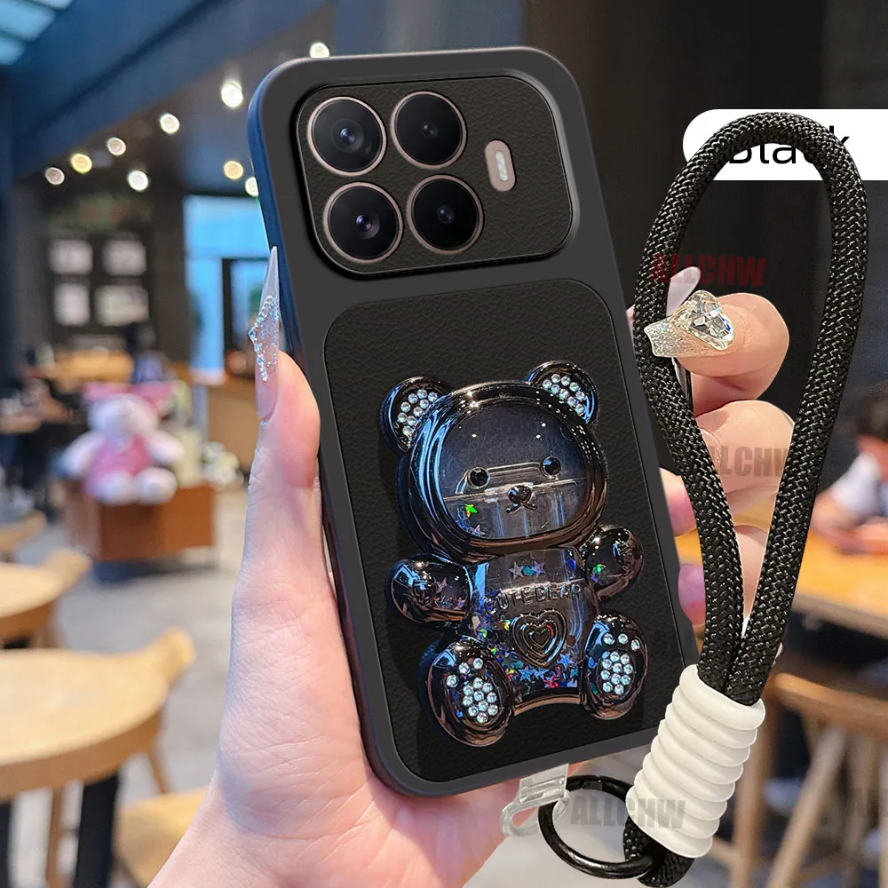 Funda de Teléfono con Soporte de Oso 3D y Textura de Litchi para Xiaomi 17T 17 Pro Max 15 Ultra 15T 14T 13T 12 con Cuerd