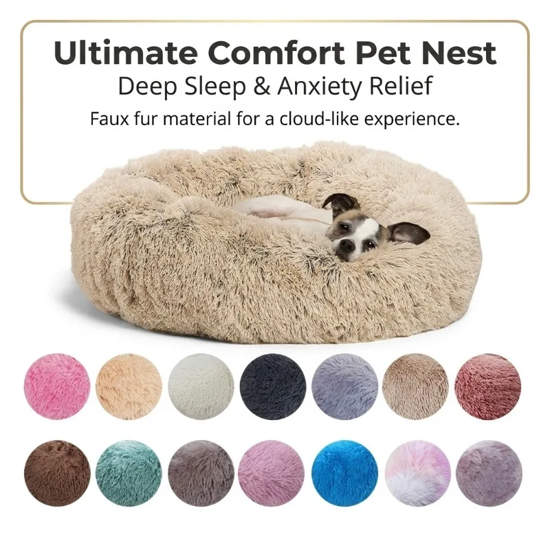 

40-100cm 6 Sizes Round Pet Bed, Super Soft Long Plush Dog Cat Bed, Warm Winter Sleeping Donut Cuddler for Large Medium Dogs