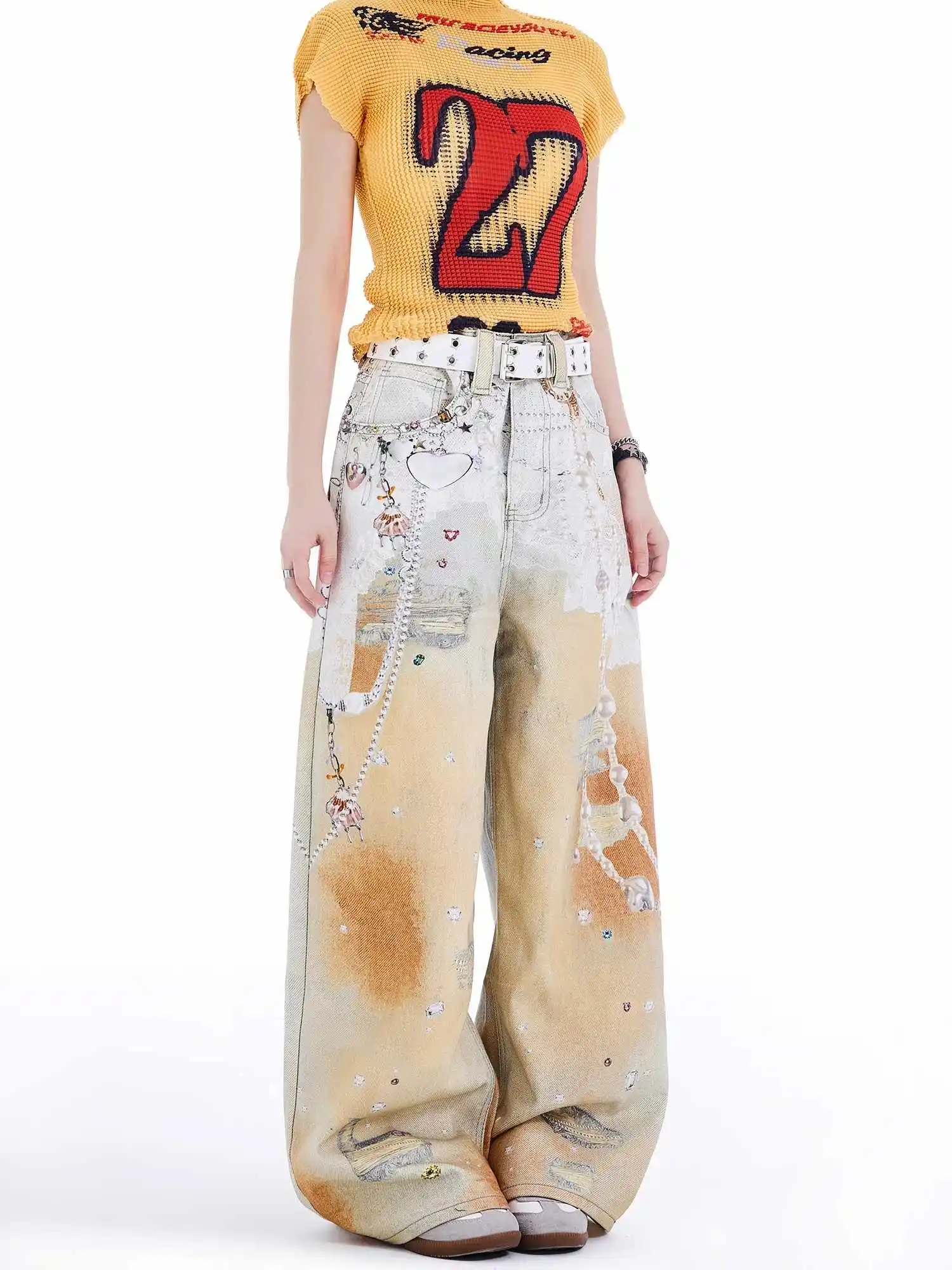 Jean déchiré Orange Baggy Y2k pour femmes, pantalon en Denim imprimé Graffiti Vintage Harajuku, Style japonais des années 2000, vêtements 2025