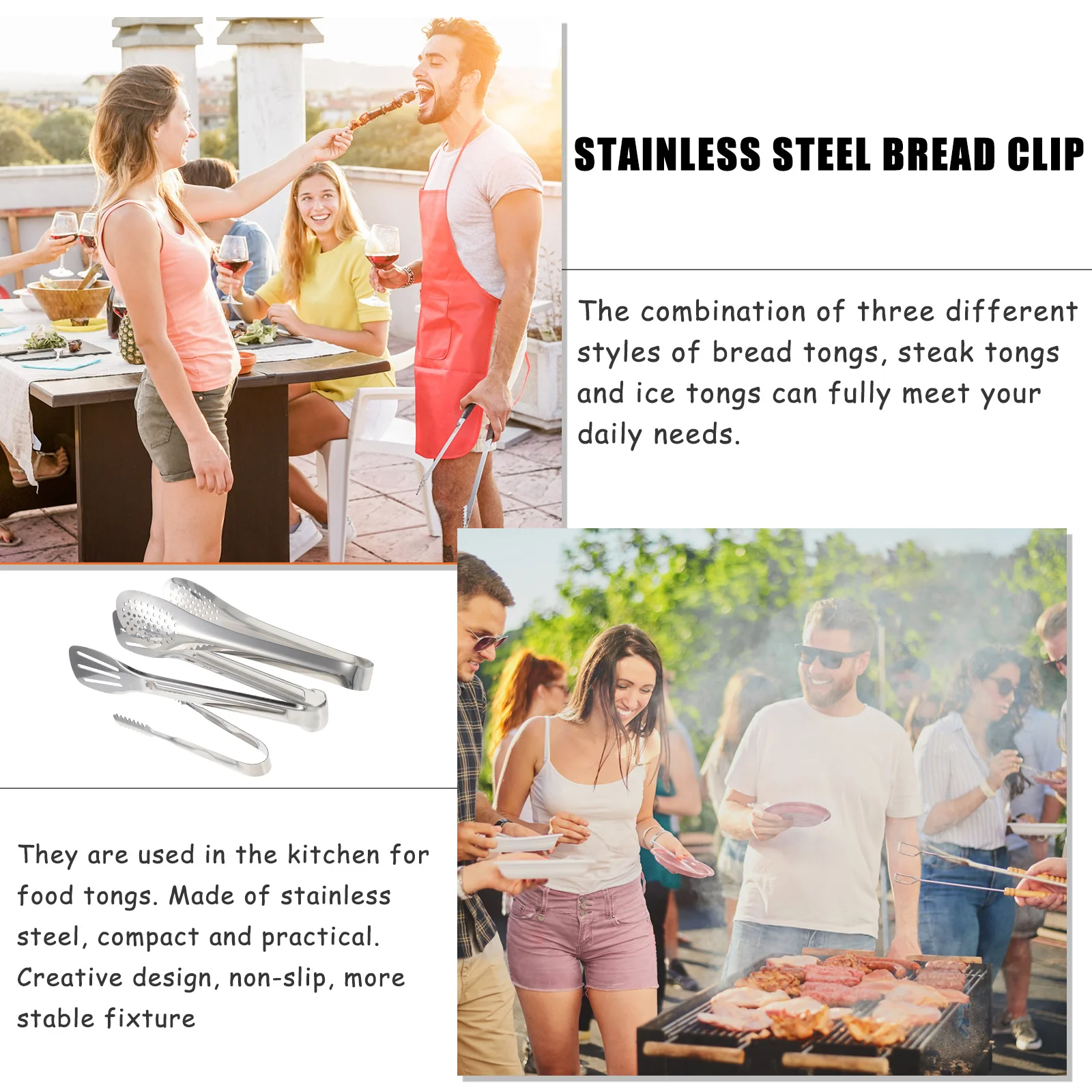 

3pcs Stainless Ice Tongs Anti-Slip Food Food Clamps Barbecue Clamps Serving Clips Kitchen Tongs Barbecue Tools