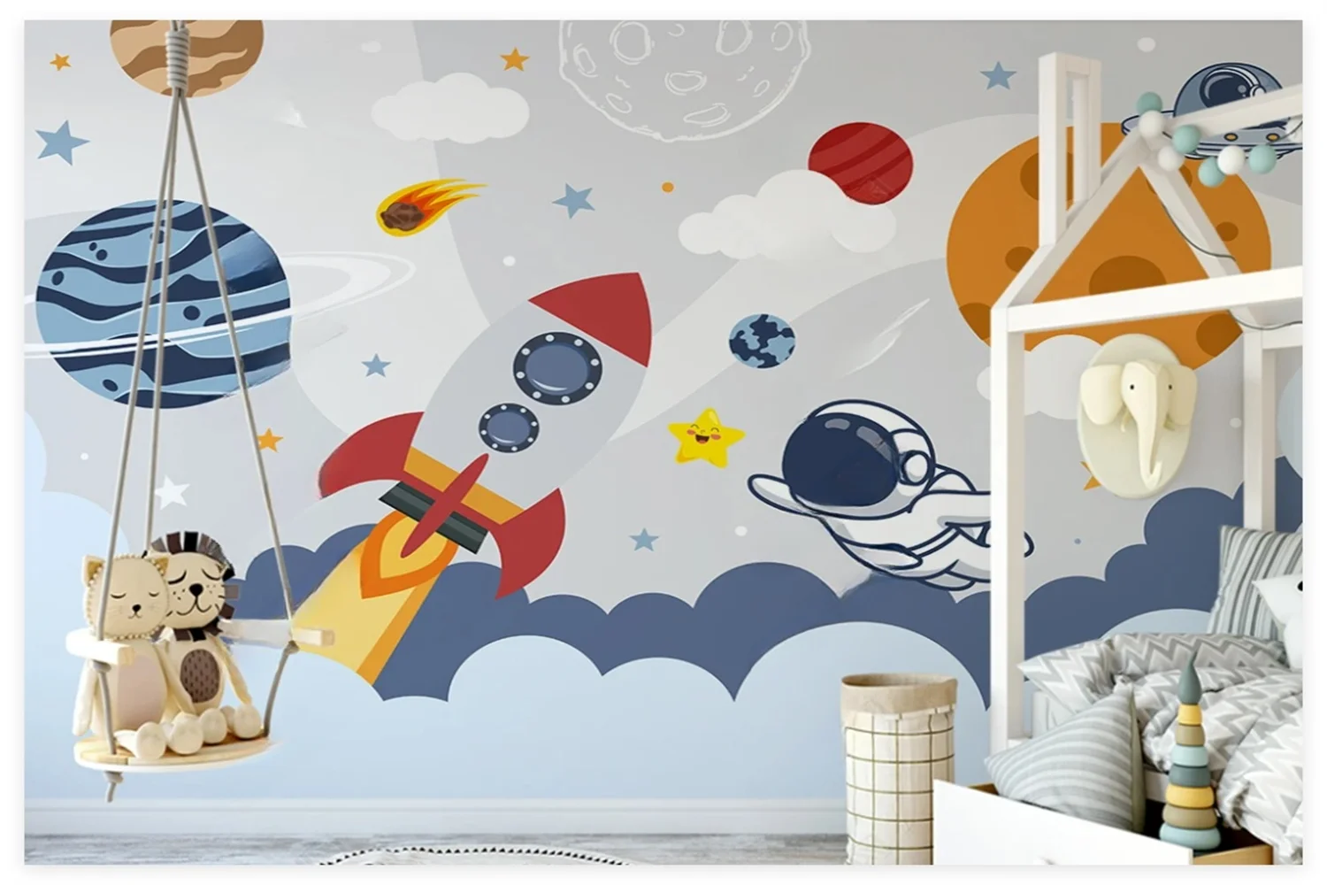 

Custom Wallpaper Modern Simple Cartoon Outer Space Planet Rocket Astronaut Children's Room Bedroom Background Wall 3d wallpaper